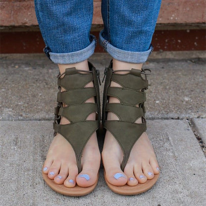 Women's Olive Open Toe Lace-Up Flats Gladiator Sandals