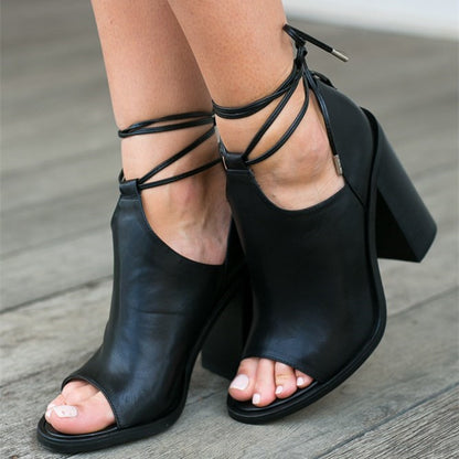 Black Cut Out Open Toe Chunky Heel Strappy Ankle Boots