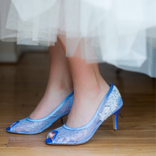 Blue Lace Bridal Shoes Peep Toe Kitten Heel Pumps