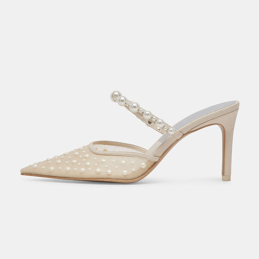 Beige Mesh Pointed Toe Pearl Embellished Wedding Shoes Mule Heels