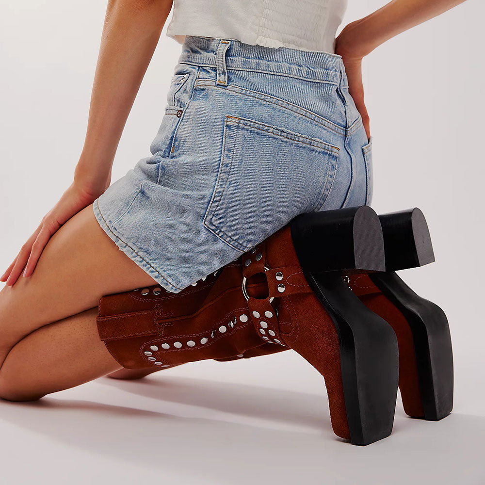 Maroon Studded Buckle Strappy Square Toe Block Heel Mid Calf Boots