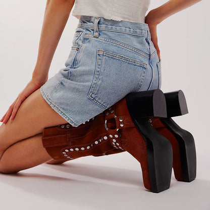Maroon Studded Buckle Strappy Square Toe Block Heel Mid Calf Boots