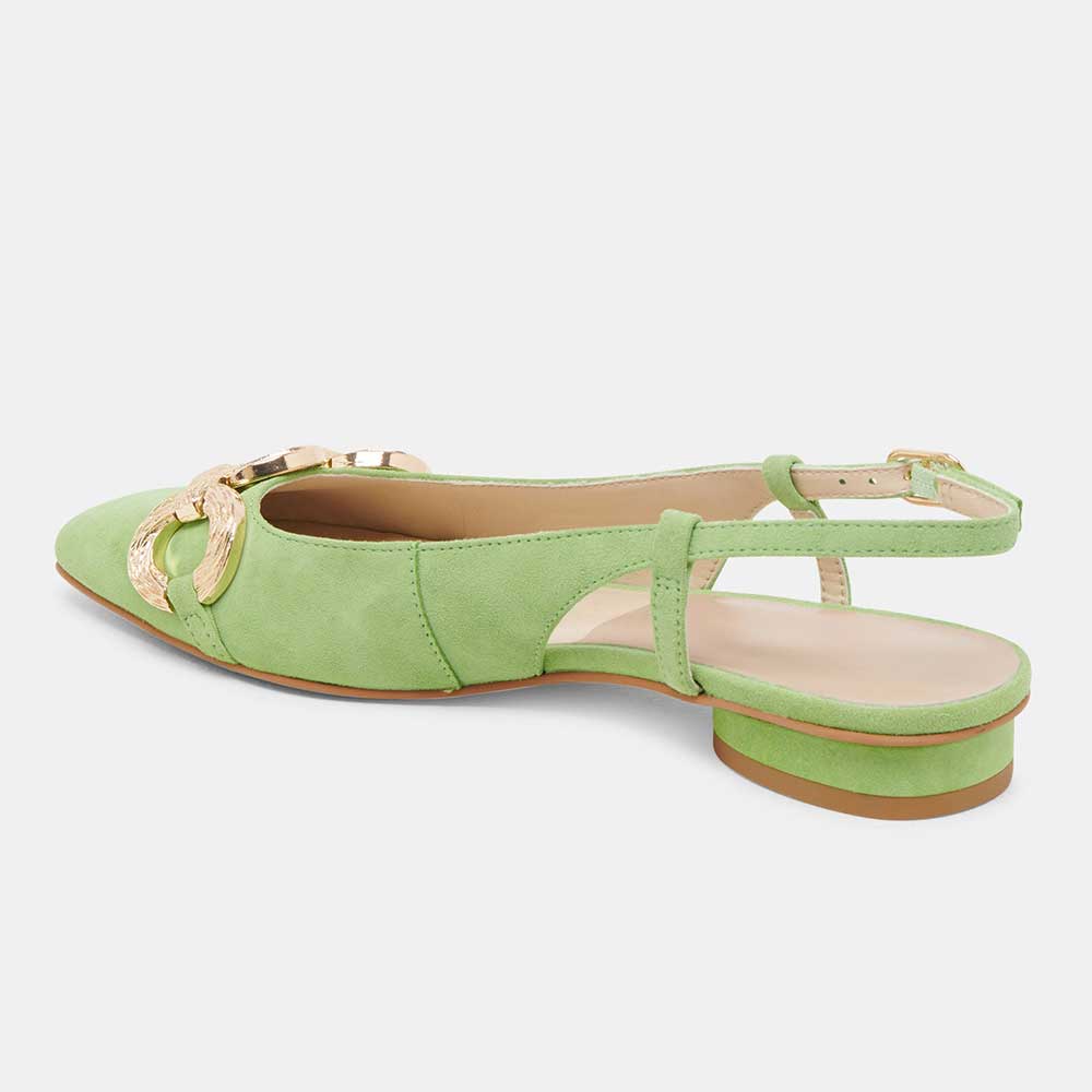 Green Vegan Suede Square Toe Gold Chain Slingback Casual Flats