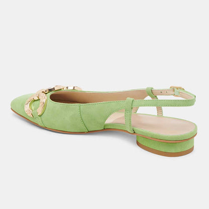 Green Vegan Suede Square Toe Gold Chain Slingback Casual Flats