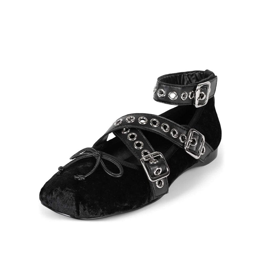 Black Velvet Square Toe Grommet Buckle Strappy Ballet Flats with Bow