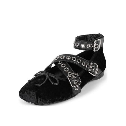Black Velvet Square Toe Grommet Buckle Strappy Ballet Flats with Bow