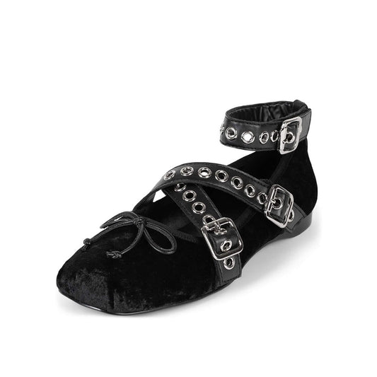 Black Velvet Square Toe Grommet Buckle Strappy Ballet Flats with Bow