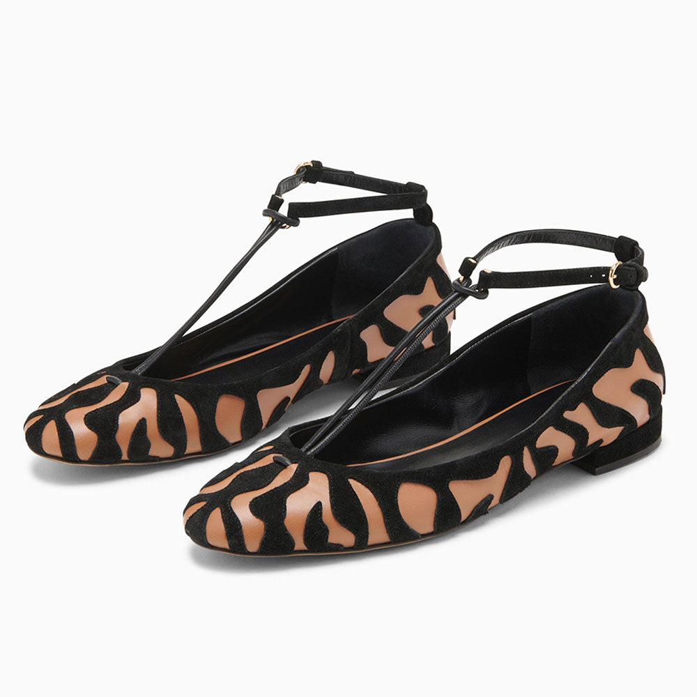 Brown & Black Almond Toe Animal Pattern Overlay T-Strap Flats