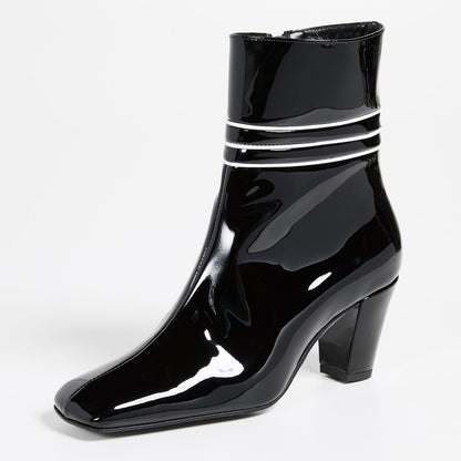 Black Patent Leather Square Toe Chunky Heels Zipper Ankle Boots