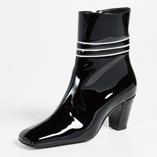 Black Patent Leather Square Toe Chunky Heels Zipper Ankle Boots
