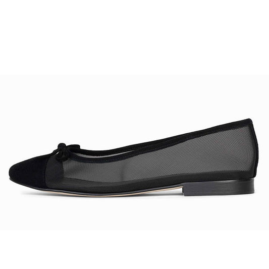 Black Faux Suede Mesh Round Toe Ballet Flats with Bow