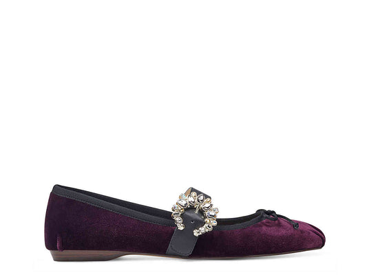 FSJ Velvet Rhinestone Buckle Bow Mary Jane Flats in Burgundy