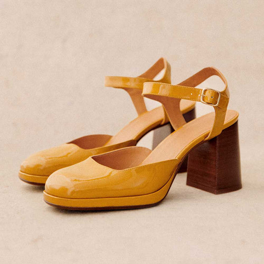 Yellow Patent Leather Round Toe Ankle Strap Mary Jane Heels