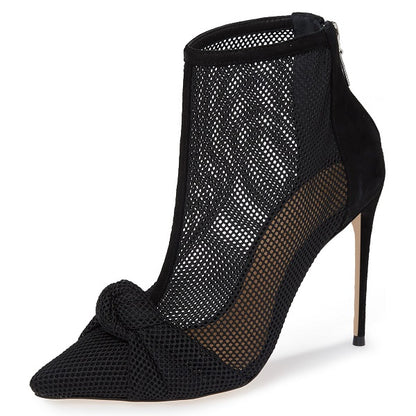 Black Nets Knotted Pointy Toe Stiletto Heel Ankle Boots