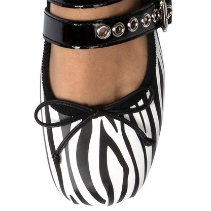 Black & White Zebra Round Toe Strappy Lace Up Ballet Flats with Bow