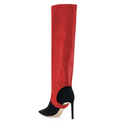 Red and Black Stiletto Heel Pointed Toe Knee High Boots for Women