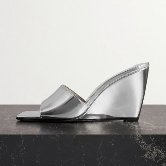 Silver Metallic Square Toe Wedge Heel Mules for Women
