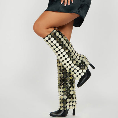 Black Pointed Toe Flared Heel Trendy Knee High Boots with Gold Sequins