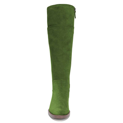 Green Vegan Suede Zipper Round Toe Flat Knee High Boots