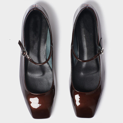 FSJ Brown Patent Leather Square Toe Mary Jane Flats