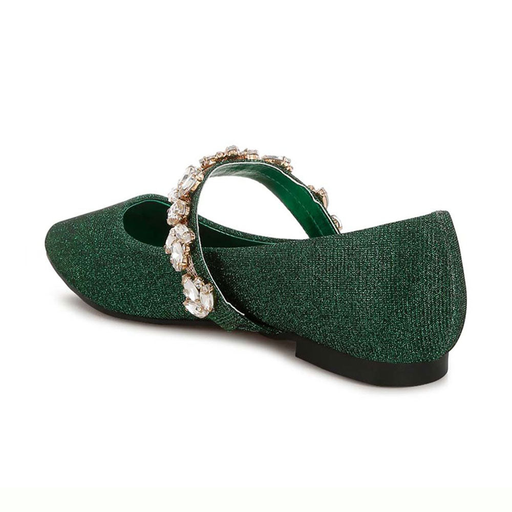 Green Glitter Pointed Toe Rhinestone Ballet Flats with Straps