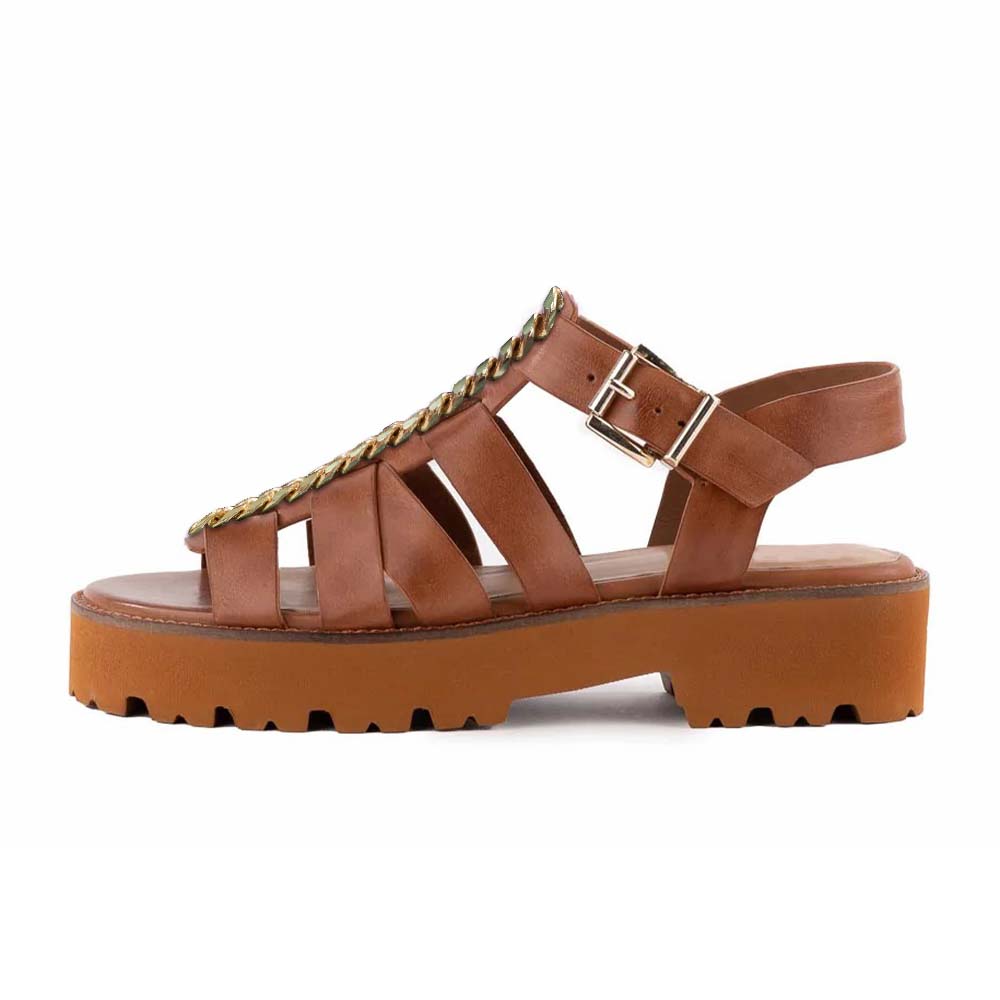 Brown Summer  Sandals With Chain Decor Flats