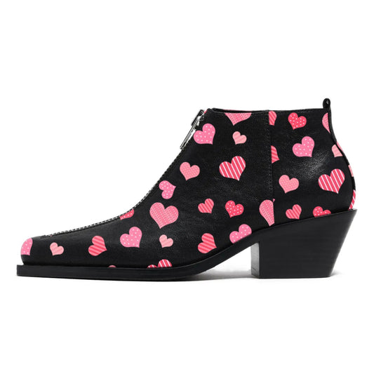 Black and Pink Heart Print Block Heel Front Zipper Ankle Boots