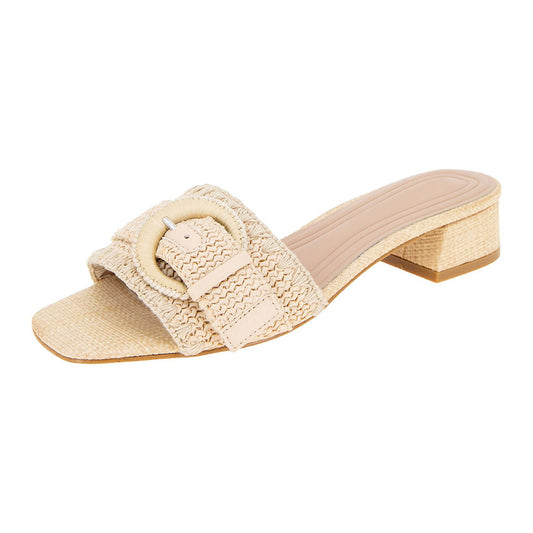 Beige Woven Raffia Open Square Toe Buckle Block Heel Slide Sandals
