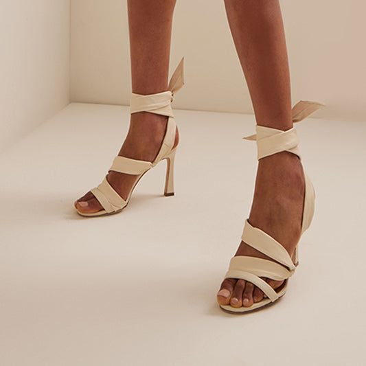 Beige Wrapped Shoes Women's Classic Open Toe Sandals Wedding Heels