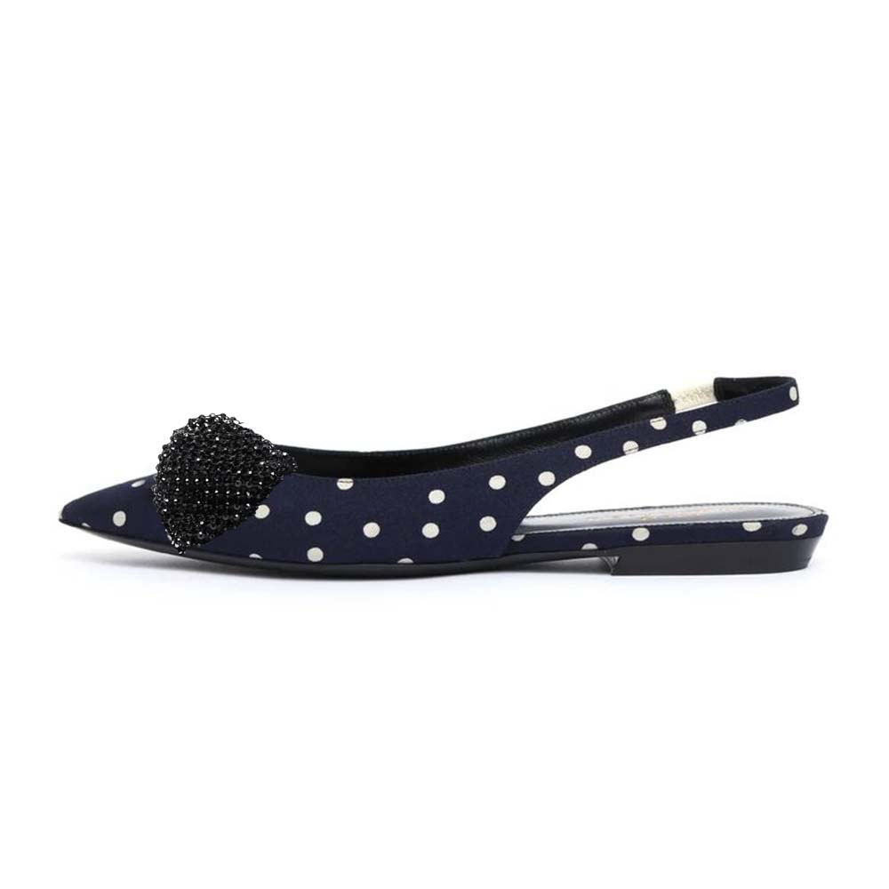 Black And White Polka Dot Mules With Slingback Rhinsetone Bow Flats