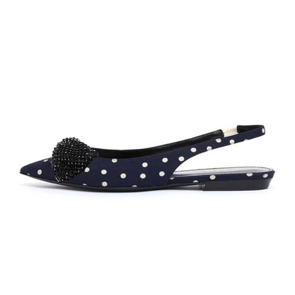 Black And White Polka Dot Mules With Slingback Rhinsetone Bow Flats