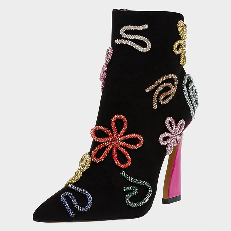Black Spool Heel Multicolor Rhinestone Flower Ankle Boots for Women