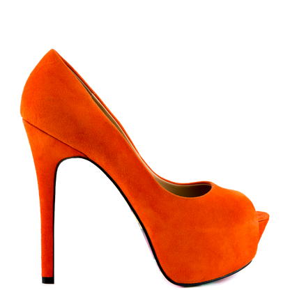 Women's Orange Stiletto Heels Peep Toe Print Outsole Platform Pumps
