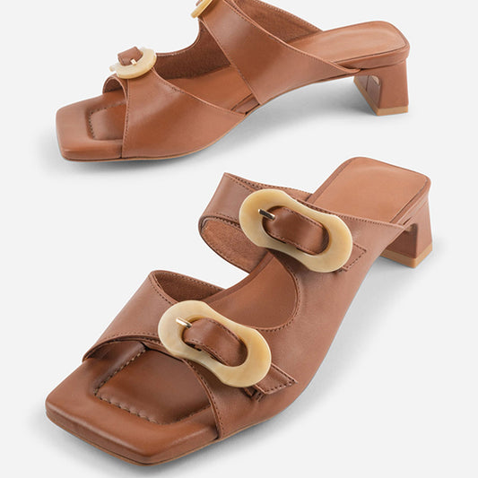 Vegan Leather Double Buckle Chunky Heel Mules Sandals in Tan