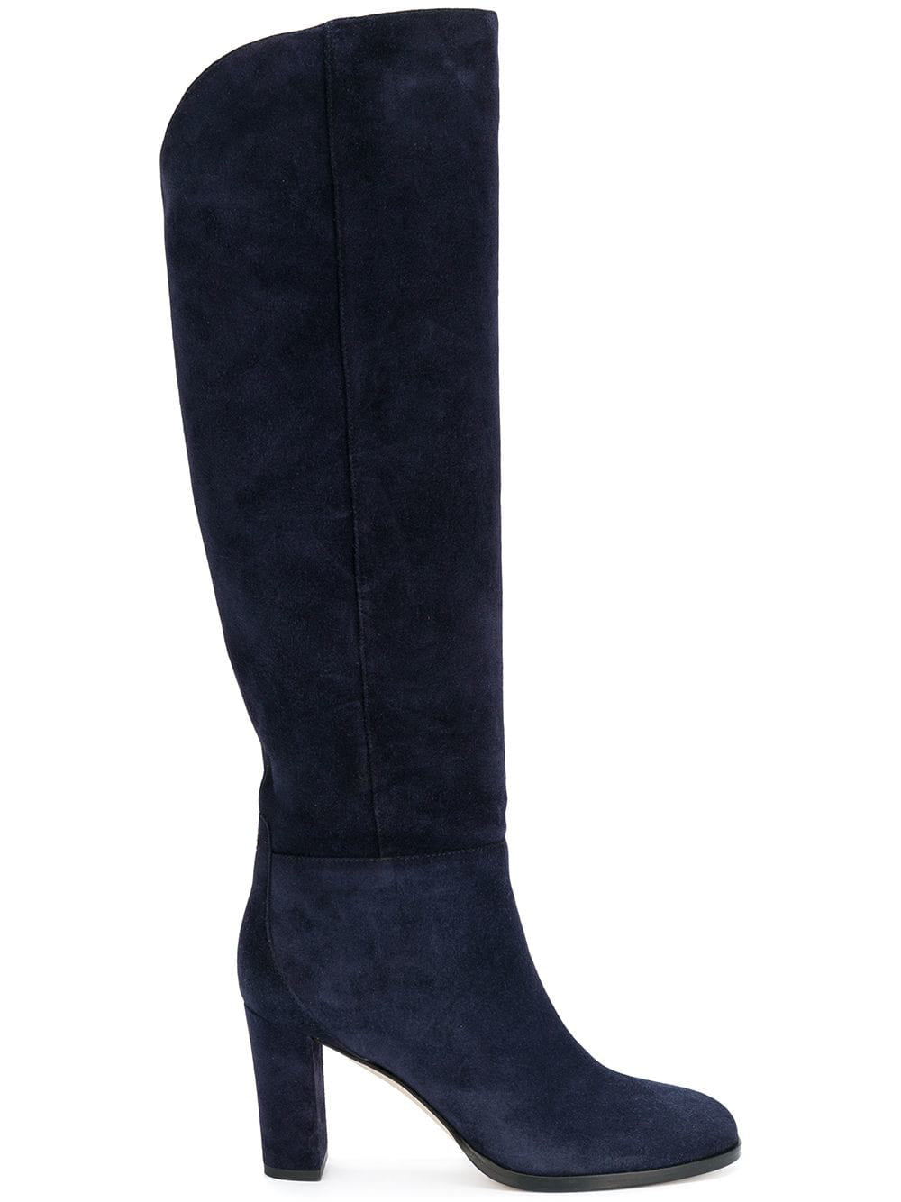 Navy Vegan Suede Round Toe Chunky Heel Knee High Boots