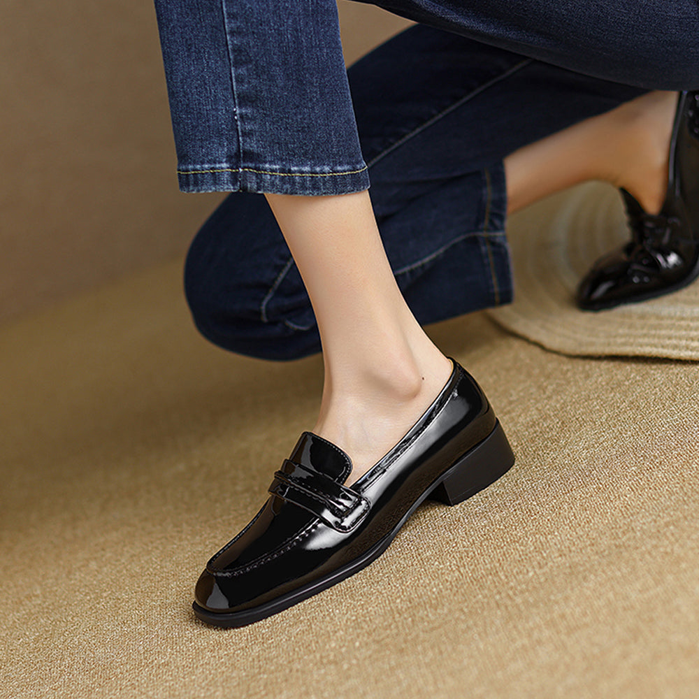 Black Patent Leather Closed Toe Chunky Heel Formal Loafers