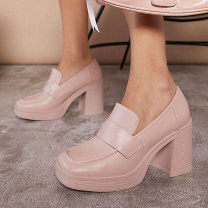 Beige Vegan Leather Square Toe 3'' Chunky Heel Platform Loafers