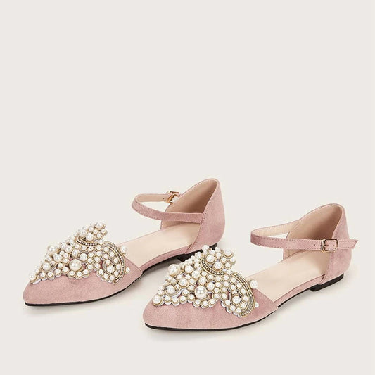 Pink Jeweled Vegan Suede Shoes Ankle Strap Pointed Toe Flats
