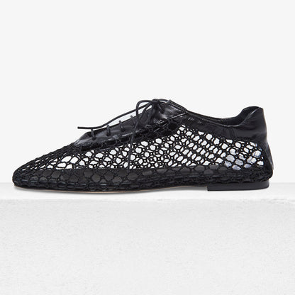 Black Mesh Square Toe Lace-Up Shoes Casual Flats for Women