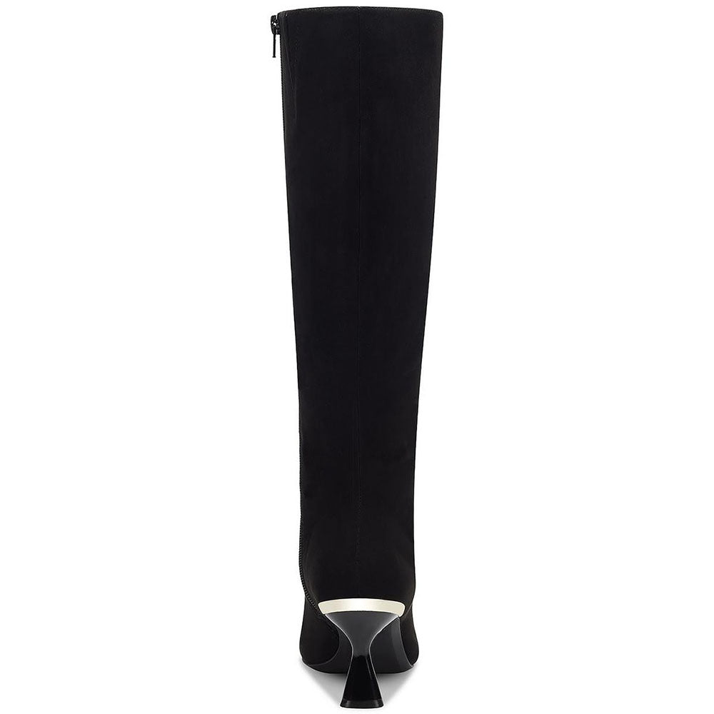 Black Faux Suede Closed Pointed Toe Flared Heel Knee High Boots