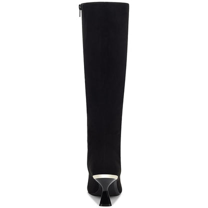 Black Faux Suede Closed Pointed Toe Flared Heel Knee High Boots