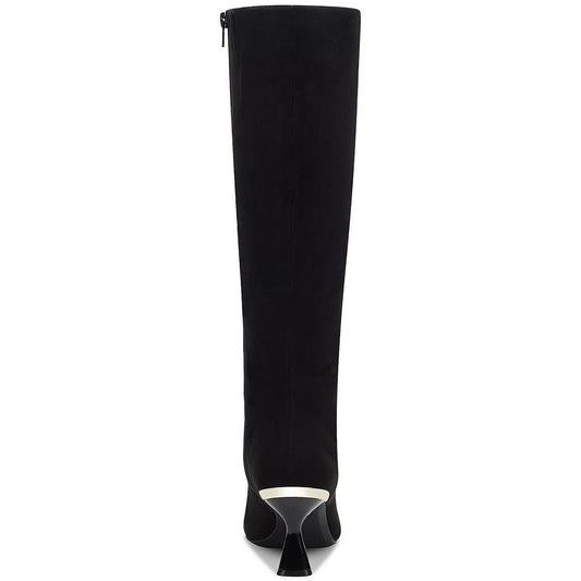 Black Faux Suede Closed Pointed Toe Flared Heel Knee High Boots