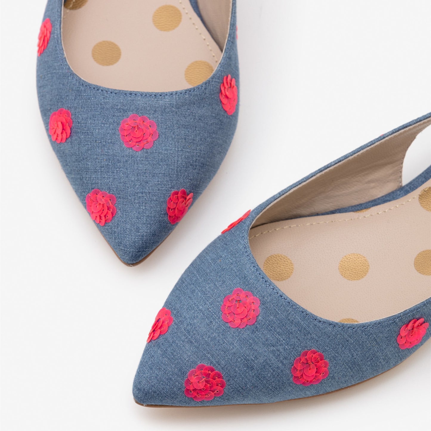 Blue Denim Pointy Toe Flats Sequin Embellished Slingback Shoes