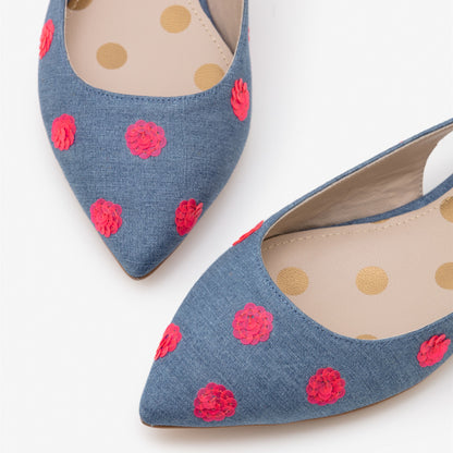 Blue Denim Pointy Toe Flats Sequin Embellished Slingback Shoes