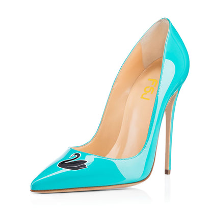 Women's Turquoise Swan Pattern Pointed Toe Stiletto Heels Pumps