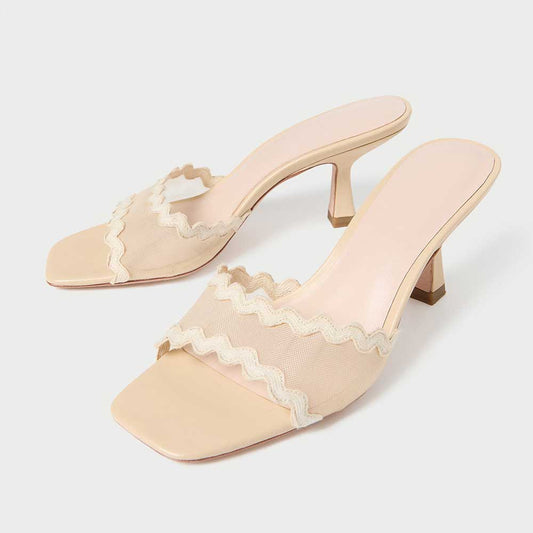 Beige Mesh Open Square Toe Wave Edge Heeled Mules Sandals