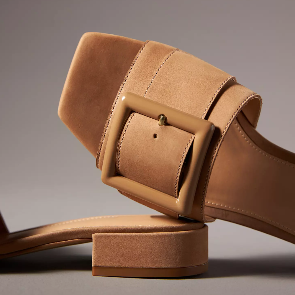 Beige Square Toe Chunky Heel Buckled Wide Band Mules
