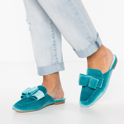 Turquoise Velvet Flats Square Toe Bow Mule Loafers for Women