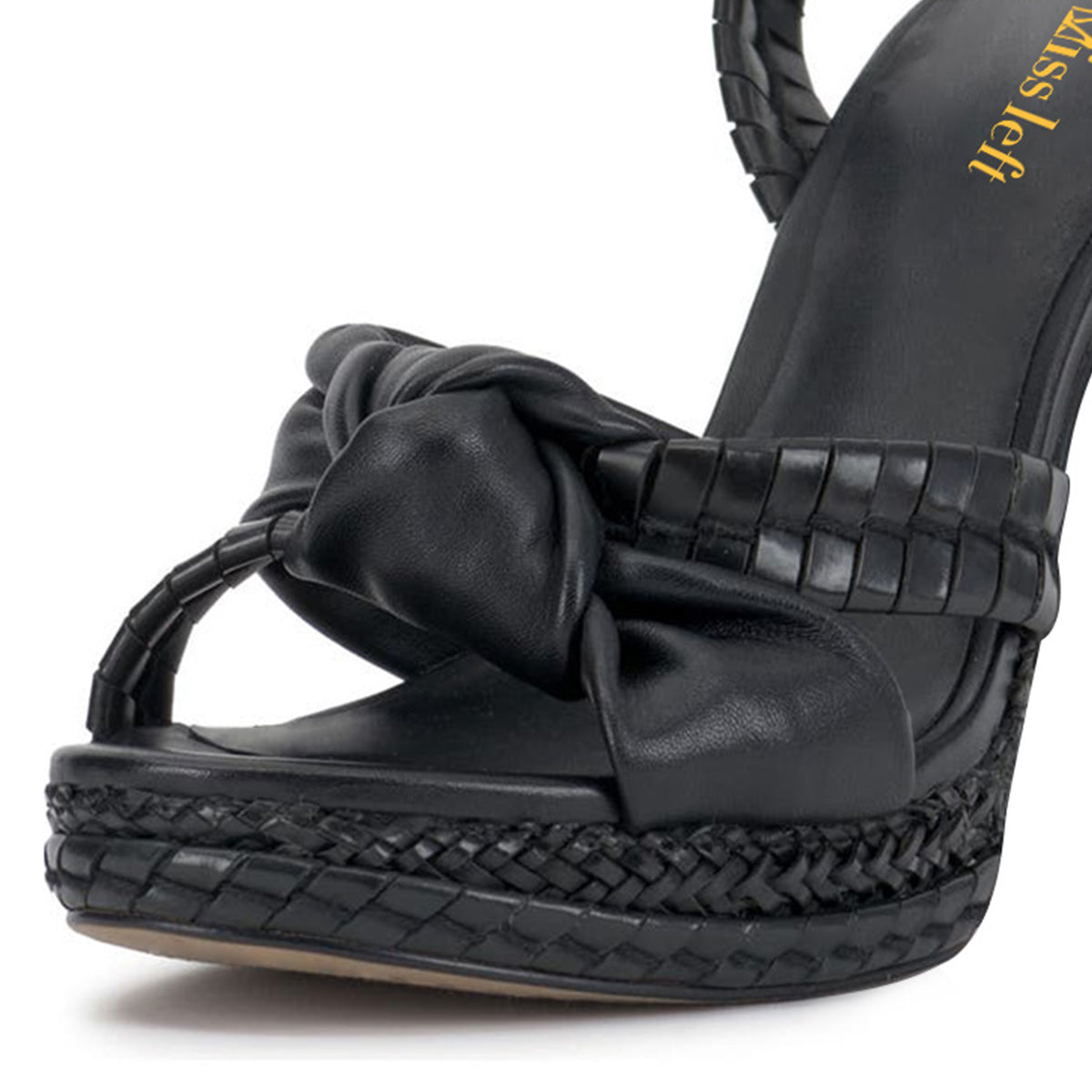 Black Round-Toe Stiletto Heel Woven Platform Sandals with Knot