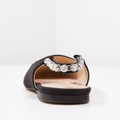 Black Slingback Shoes Round Toe Comfortable Flats with Rhinestone